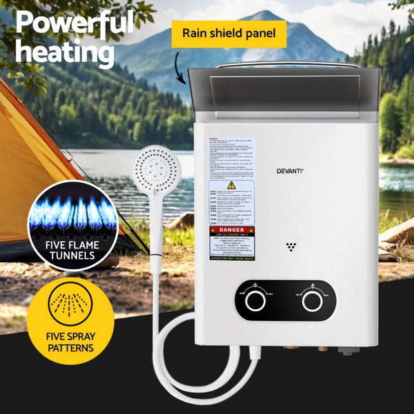Devanti Portable Gas Water Heater 6LPM Outdoor Camping Shower White DEVANTI