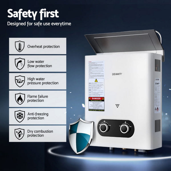 Devanti Portable Gas Water Heater 6LPM Outdoor Camping Shower White DEVANTI