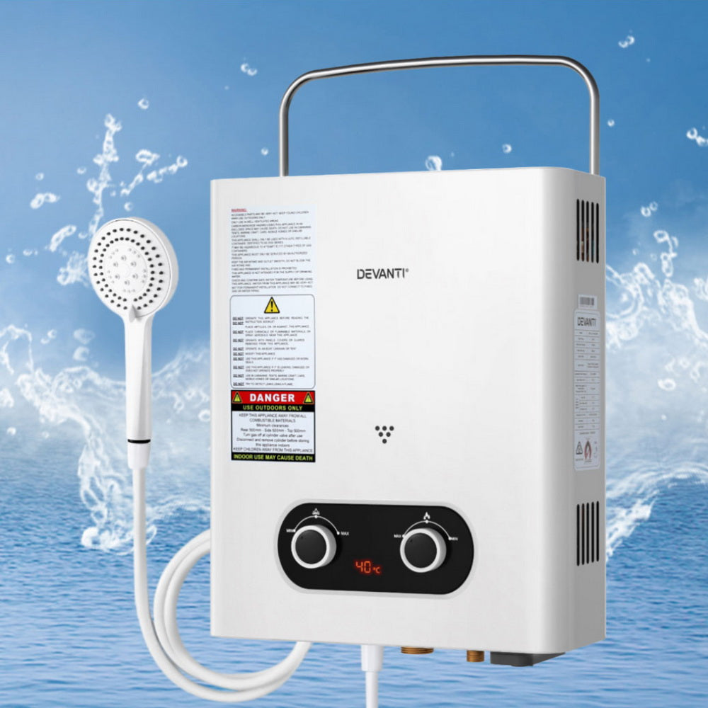 Devanti Portable Gas Water Heater 6LPM Outdoor Camping Shower White DEVANTI