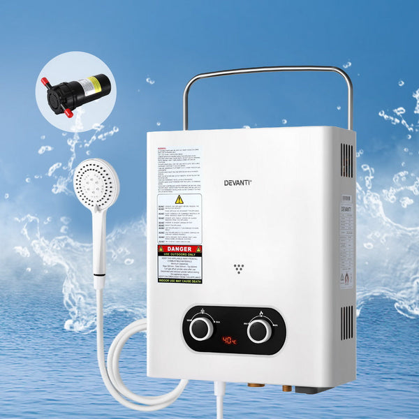 Devanti Portable Gas Water Heater LPG-powered System White With Pump Devanti