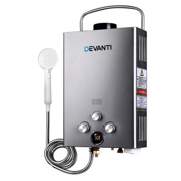 Devanti Portable Gas Water Heater 8L/Min With Pump LPG System Grey Awezingly