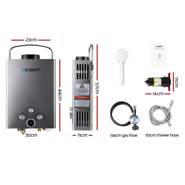 Devanti Portable Gas Water Heater 8L/Min With Pump LPG System Grey Awezingly