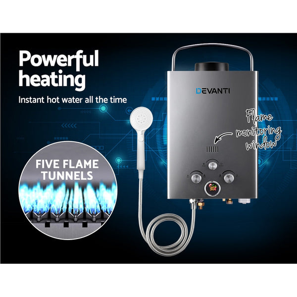 Devanti Portable Gas Water Heater 8L/Min With Pump LPG System Grey Awezingly