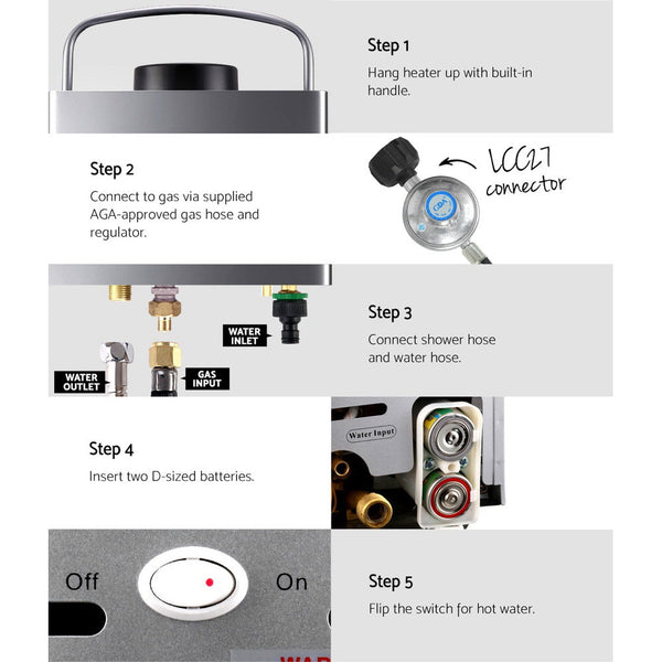 Devanti Portable Gas Water Heater 8L/Min With Pump LPG System Grey Awezingly