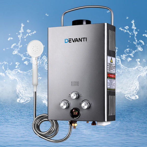 Devanti Portable Gas Water Heater 8L/Min With Pump LPG System Grey Awezingly