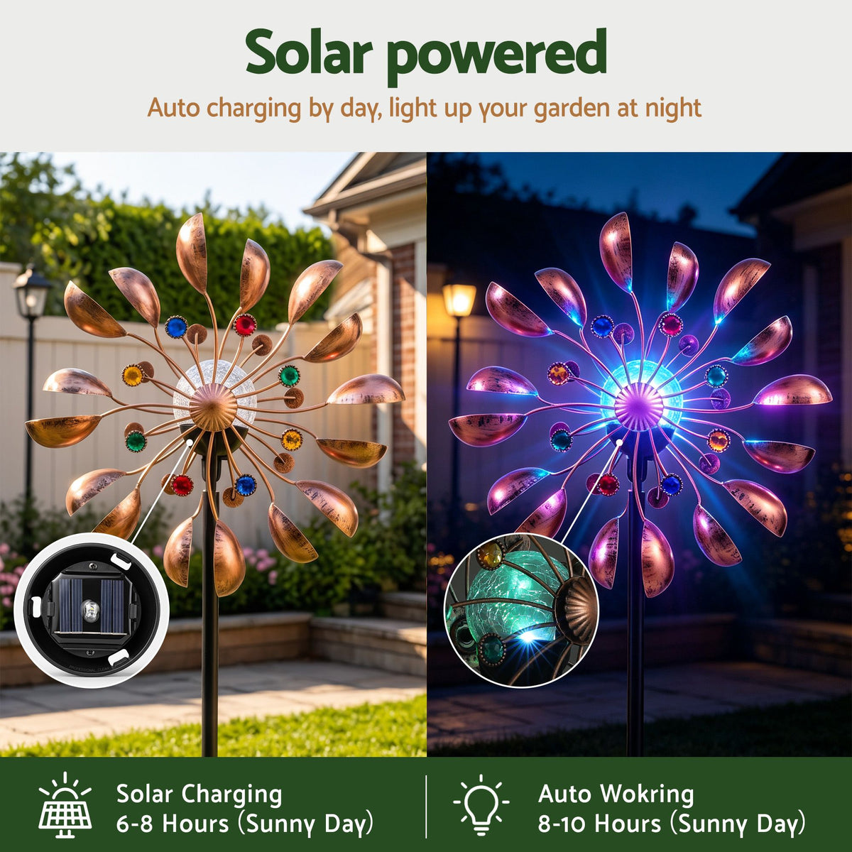 Gardeon Garden Windmill Metal Wind Spinner Solar Light Outdoor 190cmr Bronze Awezingly