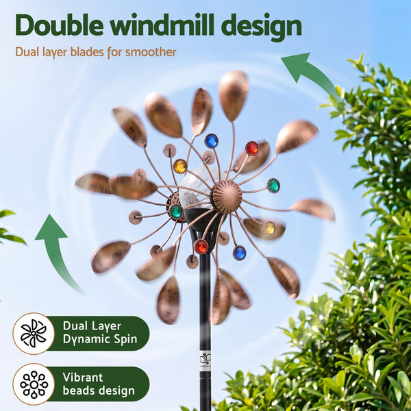 Gardeon Garden Windmill Metal Wind Spinner Solar Light Outdoor 190cmr Bronze Awezingly