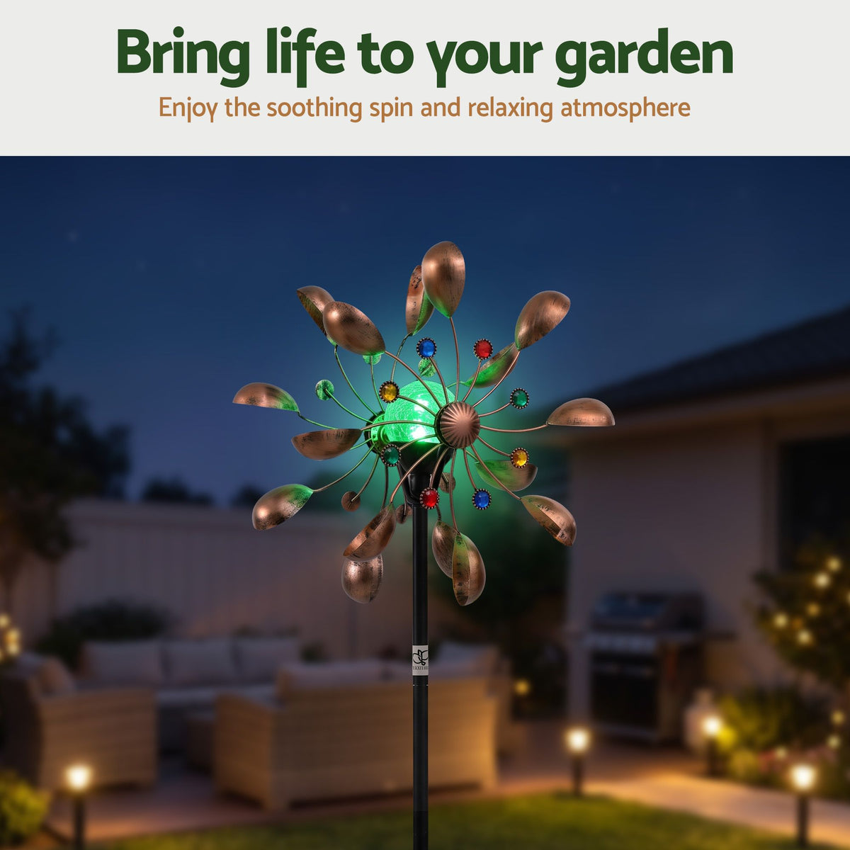 Gardeon Garden Windmill Metal Wind Spinner Solar Light Outdoor 190cmr Bronze Awezingly