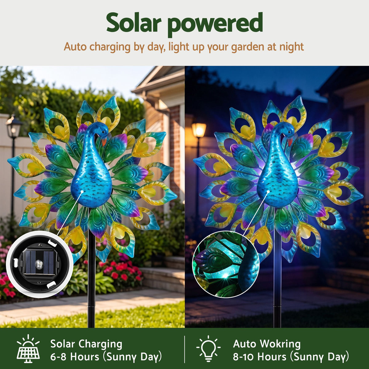 Gardeon Garden Windmill Solar Light Colorful Peacock Metal Spinner 190cm Awezingly