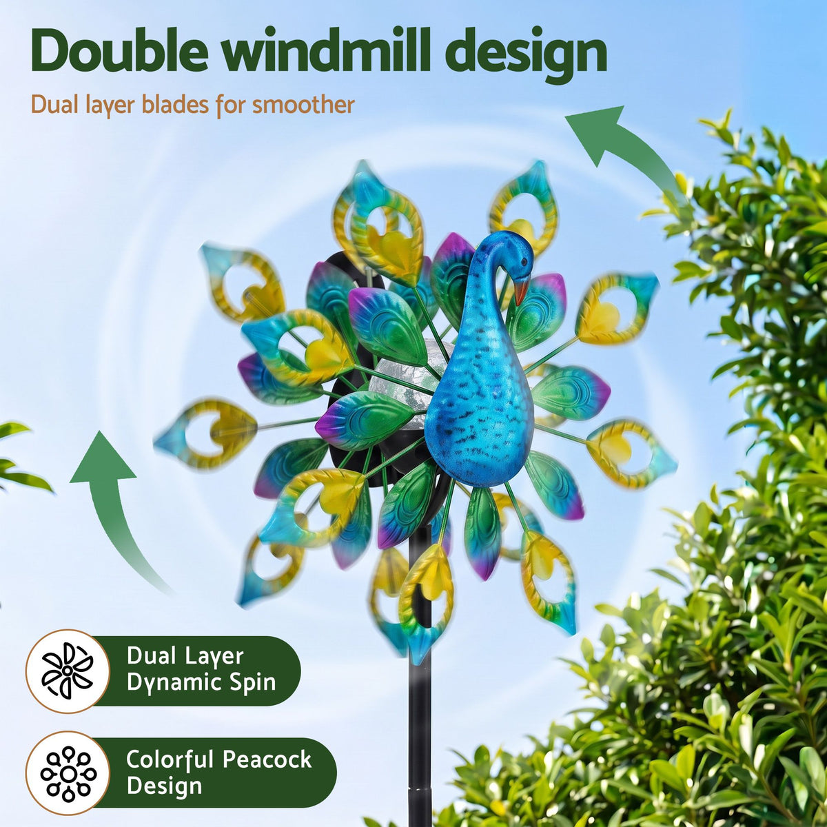 Gardeon Garden Windmill Solar Light Colorful Peacock Metal Spinner 190cm Awezingly