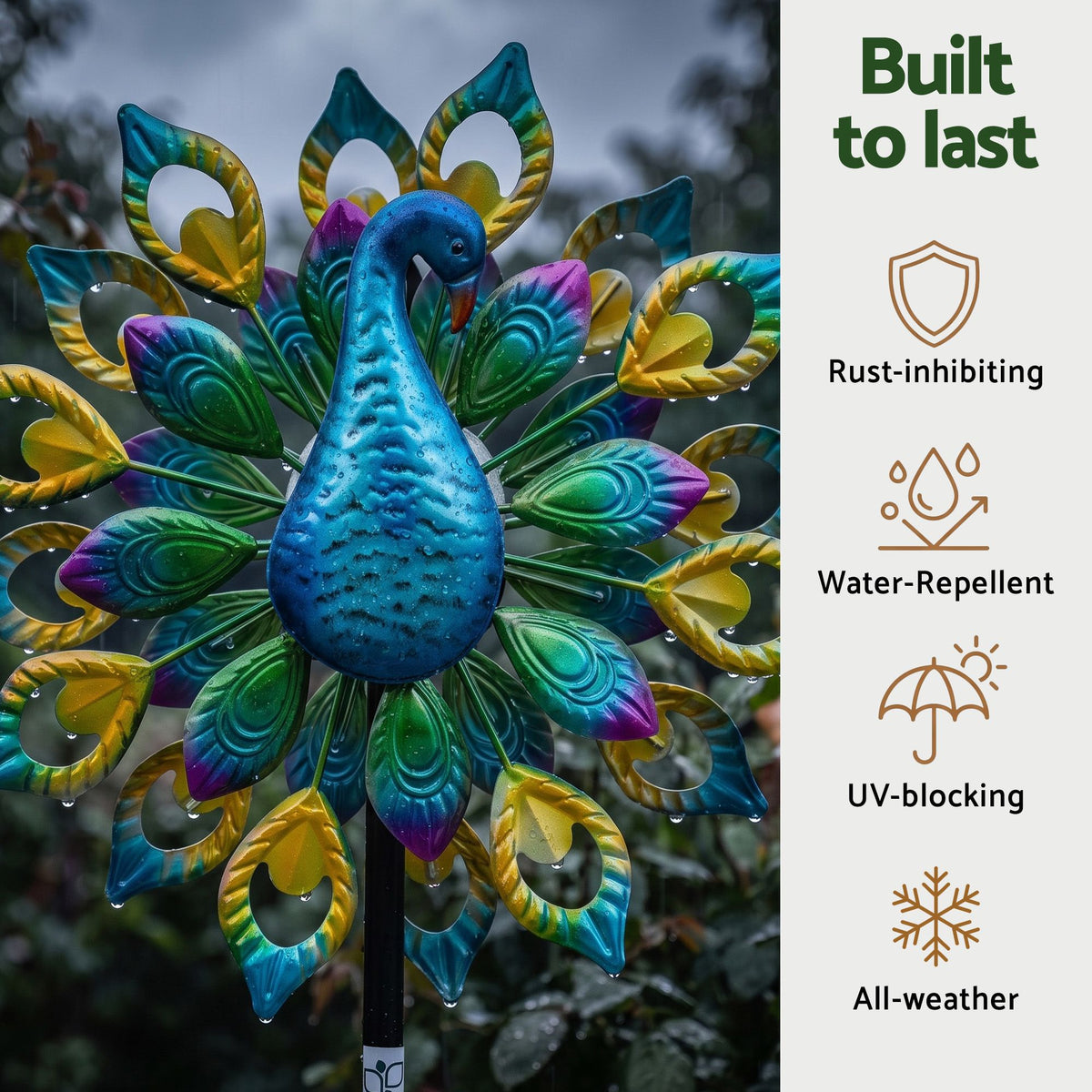 Gardeon Garden Windmill Solar Light Colorful Peacock Metal Spinner 190cm Awezingly