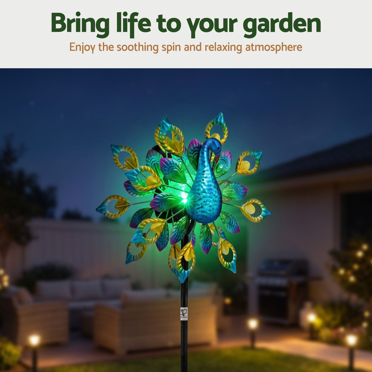 Gardeon Garden Windmill Solar Light Colorful Peacock Metal Spinner 190cm Awezingly