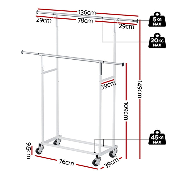 Artiss Clothes Rack Double Rod Airer Rail Coat Stand Adjustable Hanger Artiss