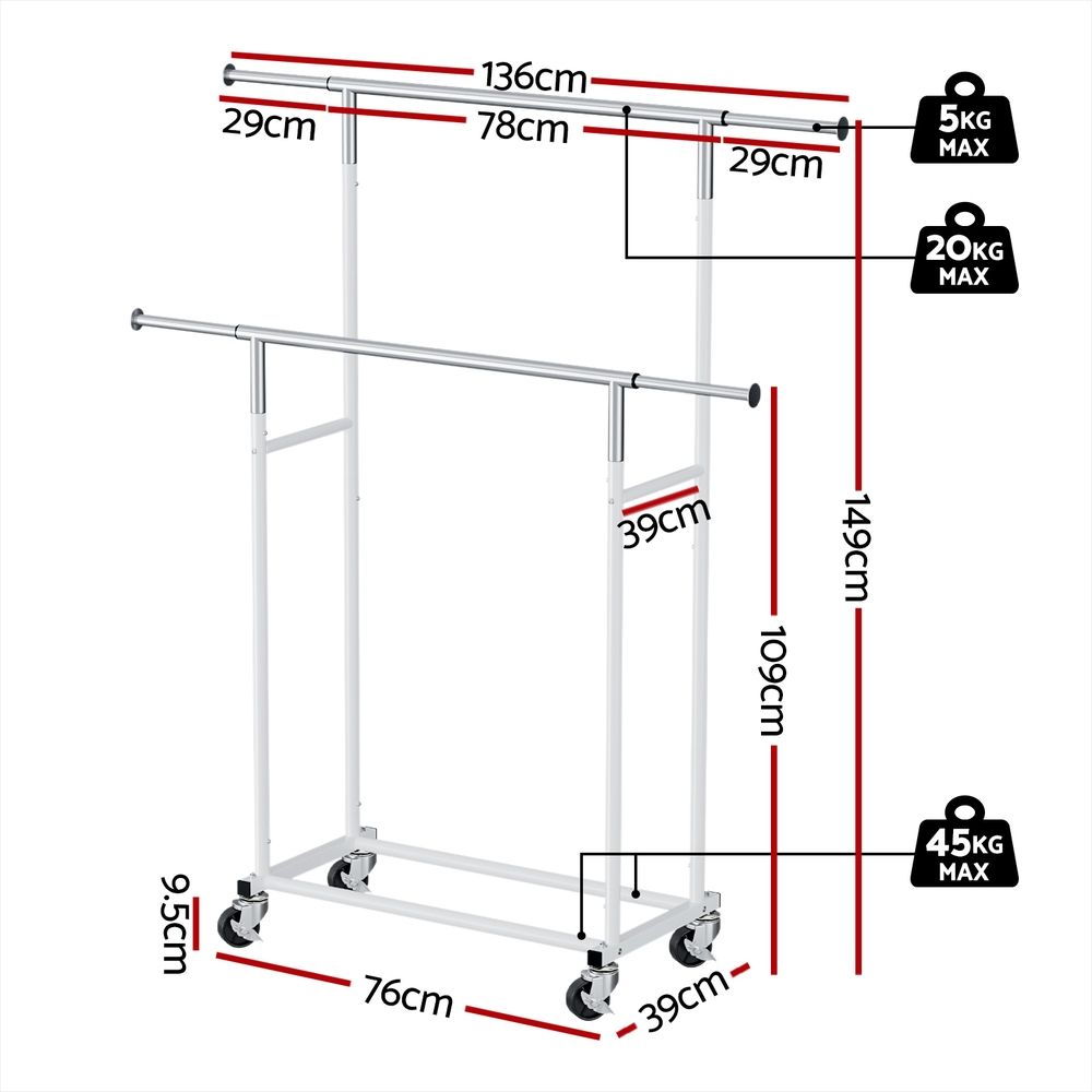 Artiss 2X Clothes Rack Double Rod Airer Rail Coat Stand Adjustable Hanger Awezingly