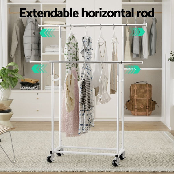 Artiss 2X Clothes Rack Double Rod Airer Rail Coat Stand Adjustable Hanger Awezingly