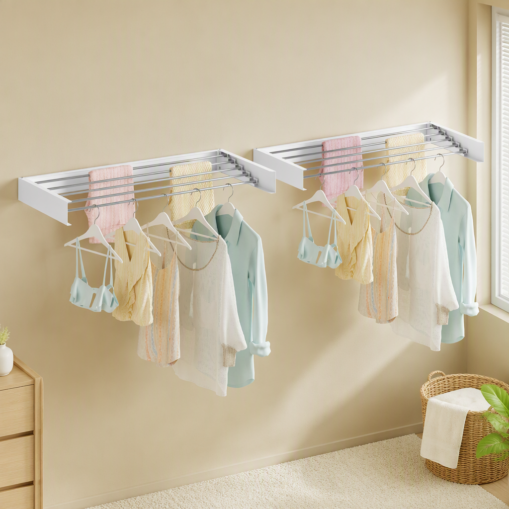 Artiss Set of 2 Clothes Rack Wall Mounted Airer Foldable White Awezingly