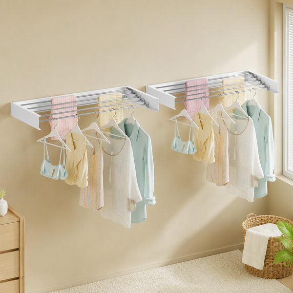 Artiss Set of 2 Clothes Rack Wall Mounted Airer Foldable White Awezingly