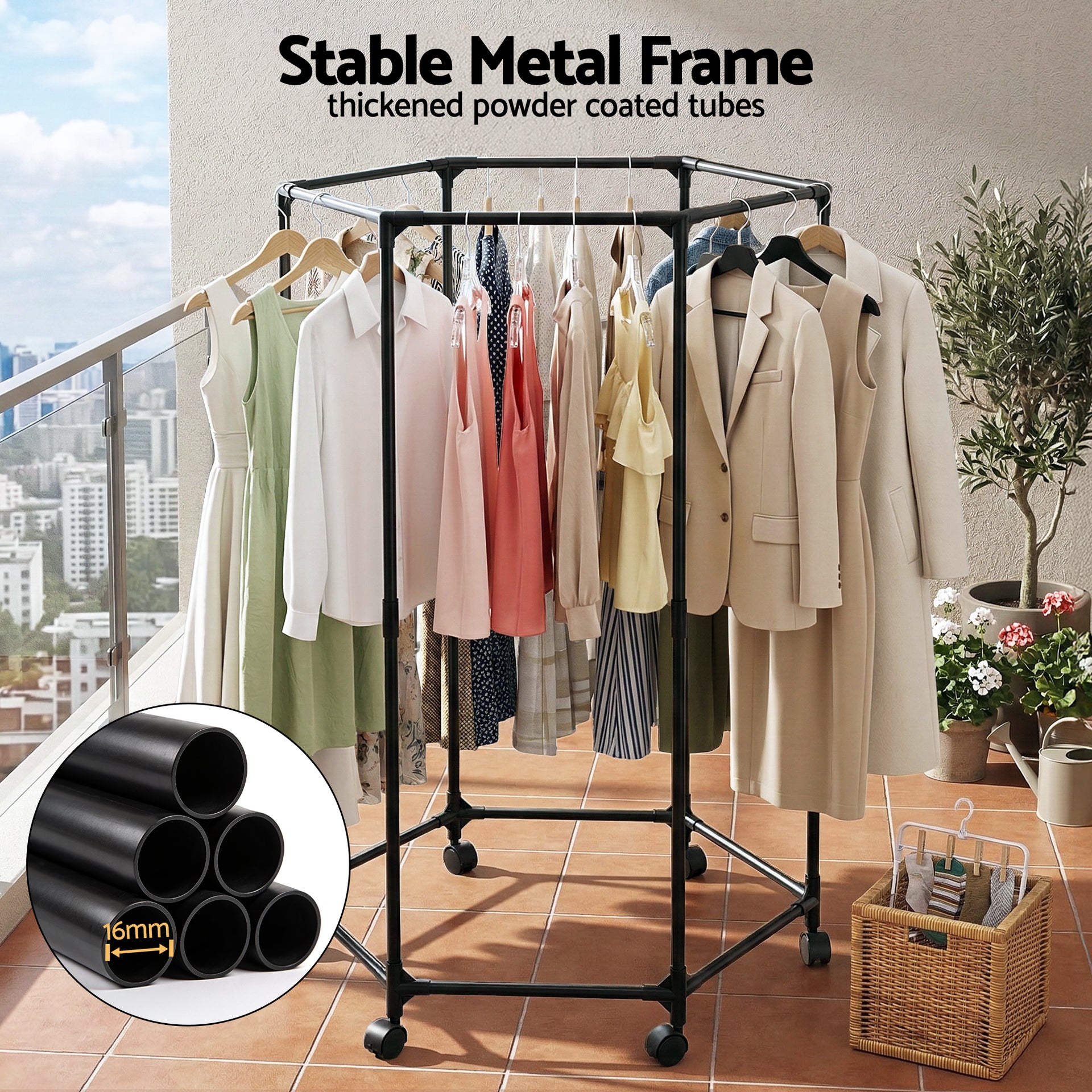 Artiss Clothes Rack Airer Rail Coat Stand Wheels 6 Rods Awezingly