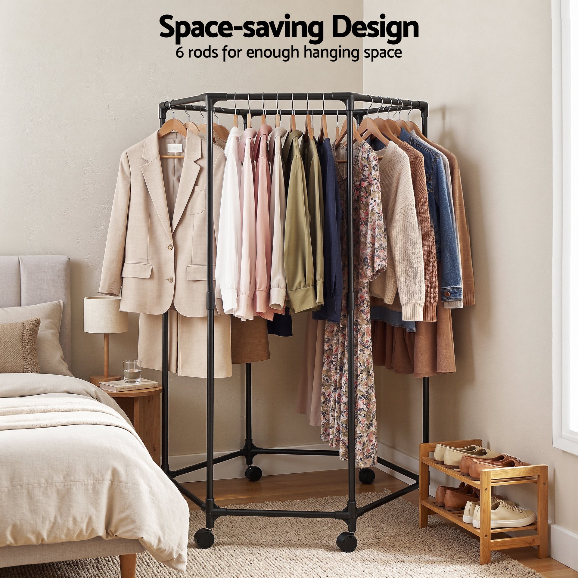 Artiss Clothes Rack Airer Rail Coat Stand Wheels 6 Rods Awezingly