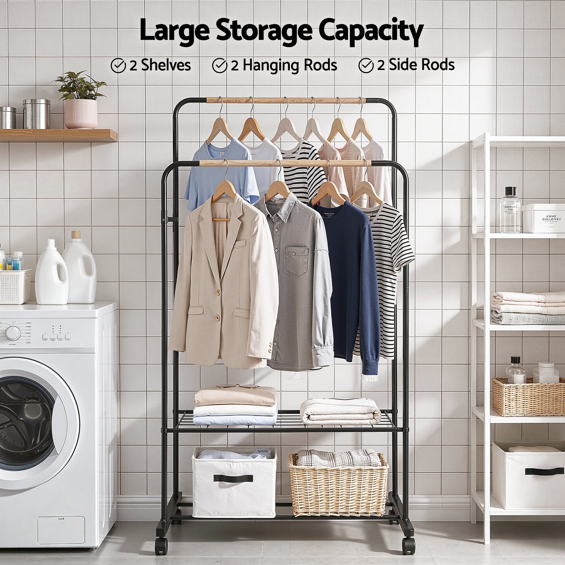 Artiss Clothes Rack Double Rod Airer Rail Coat Stand Hanger Storage Shelf Awezingly