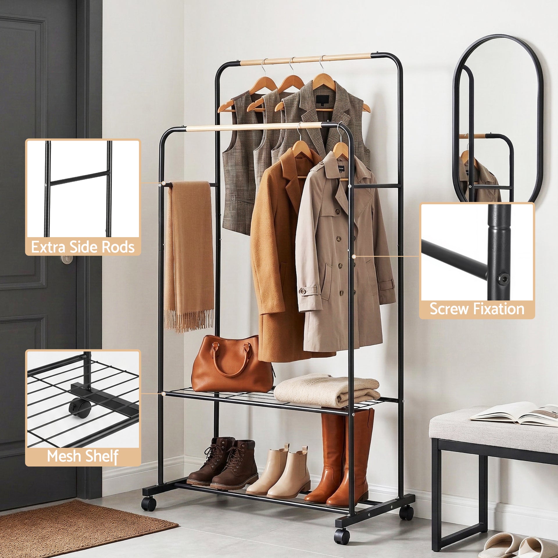 Artiss Clothes Rack Double Rod Airer Rail Coat Stand Hanger Storage Shelf Awezingly