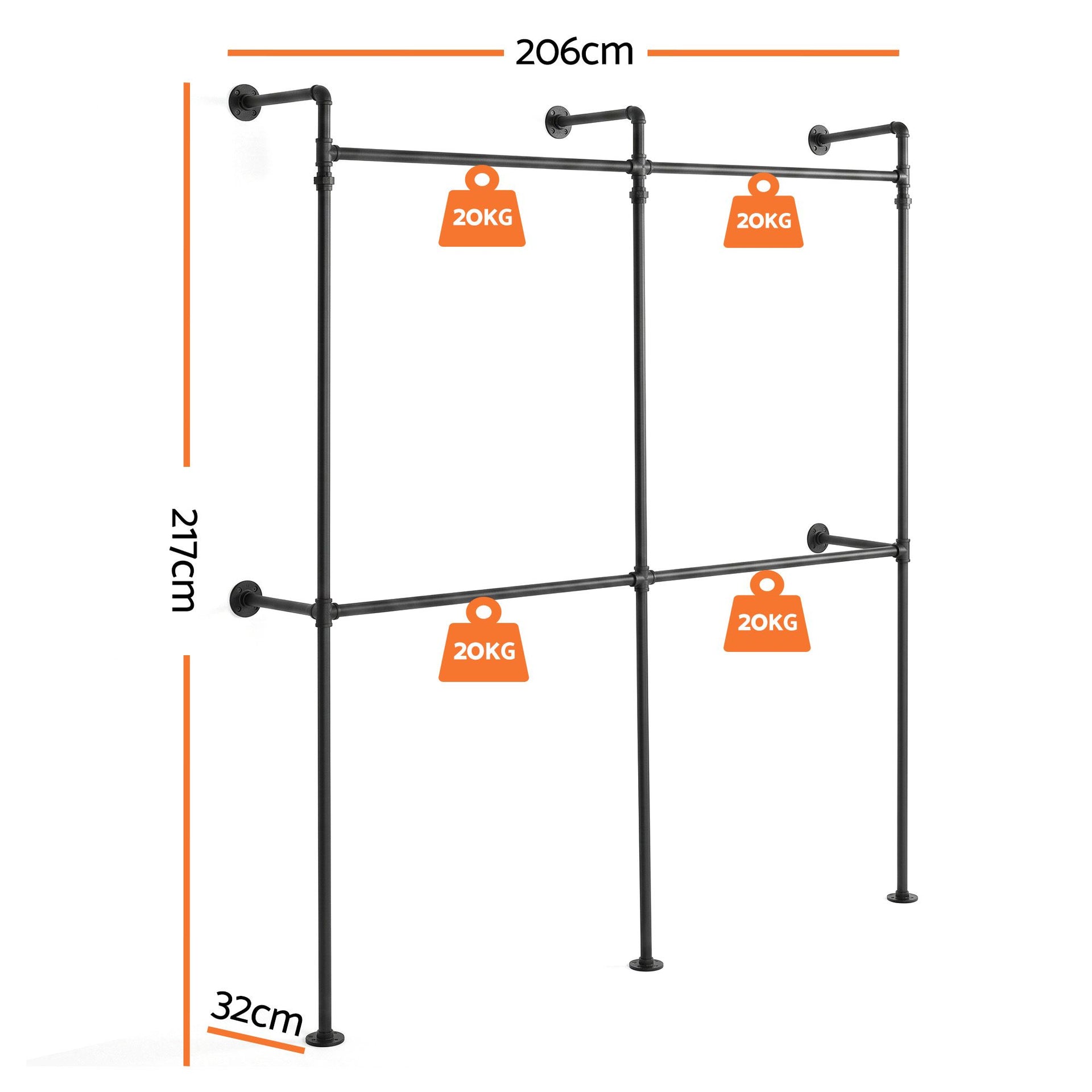 Artiss Industrial Pipe Clothing Rack Garment Clothes Display Stand Wall Mounted Awezingly