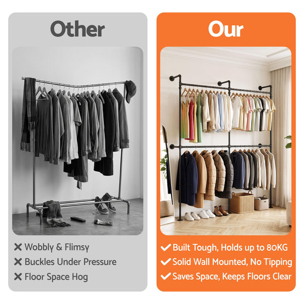Artiss Industrial Pipe Clothing Rack Garment Clothes Display Stand Wall Mounted Awezingly