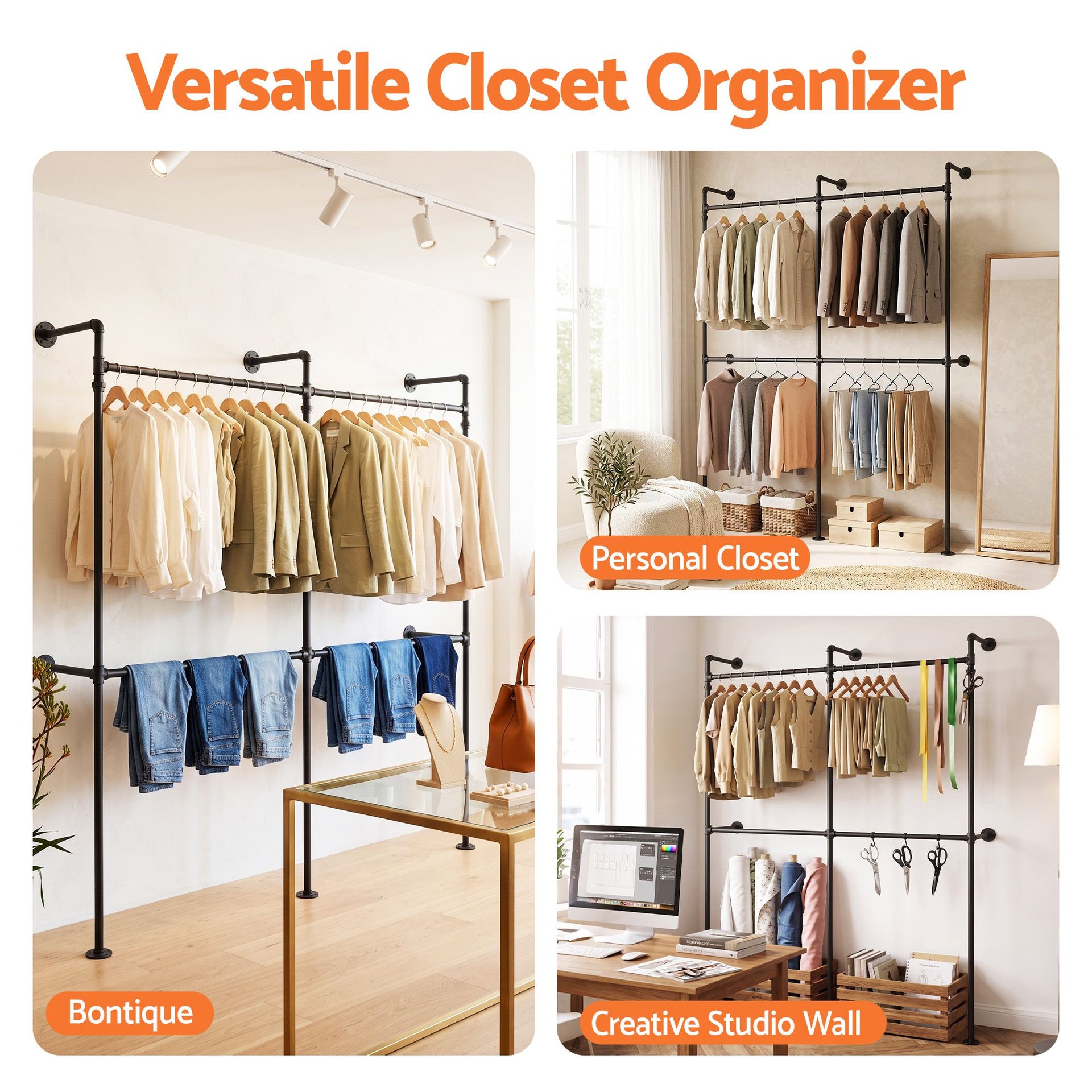 Artiss Industrial Pipe Clothing Rack Garment Clothes Display Stand Wall Mounted Awezingly