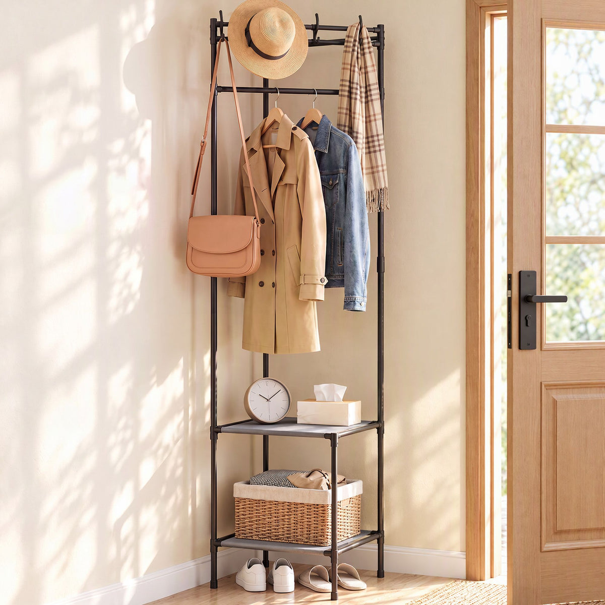 Artiss Coat Rack 181cm Freestanding Corner Hall Tree Garment Organiser Storage Shelf 8 Hooks Black Awezingly