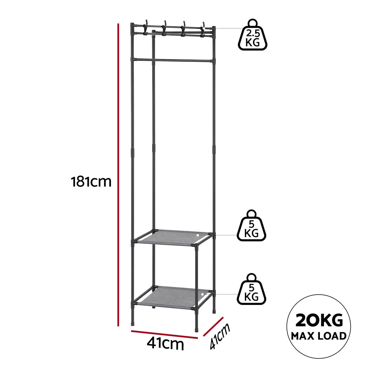Artiss Coat Rack 181cm Freestanding Corner Hall Tree Garment Organiser Storage Shelf 8 Hooks Black Awezingly