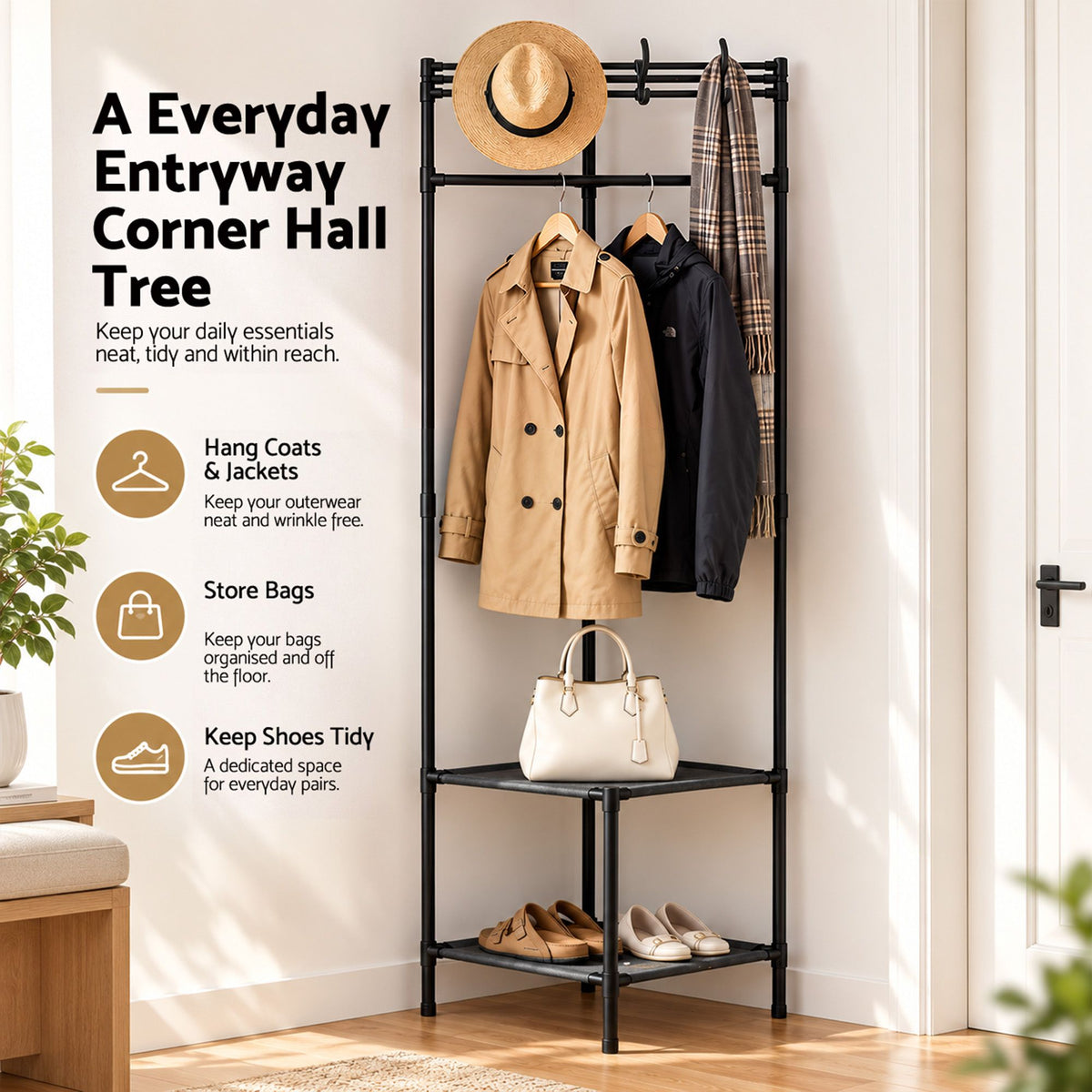 Artiss Coat Rack 181cm Freestanding Corner Hall Tree Garment Organiser Storage Shelf 8 Hooks Black Awezingly