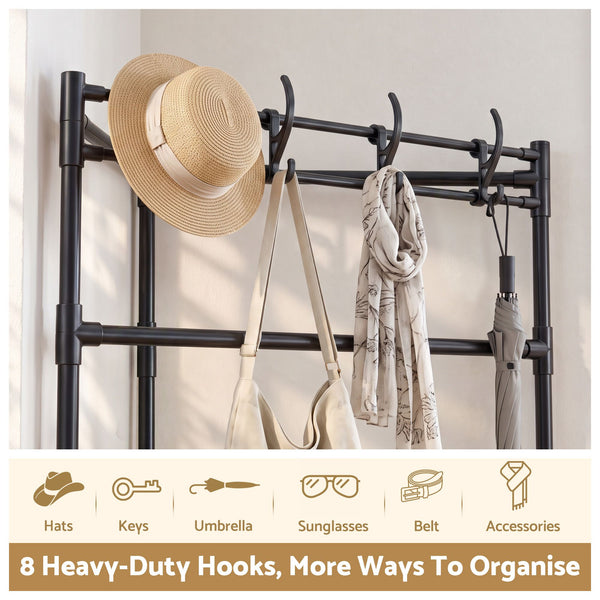 Artiss Coat Rack 181cm Freestanding Corner Hall Tree Garment Organiser Storage Shelf 8 Hooks Black Awezingly