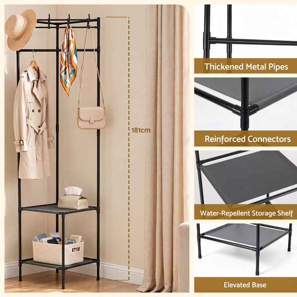 Artiss Coat Rack 181cm Freestanding Corner Hall Tree Garment Organiser Storage Shelf 8 Hooks Black Awezingly