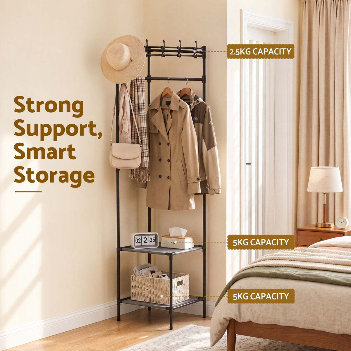 Artiss Coat Rack 181cm Freestanding Corner Hall Tree Garment Organiser Storage Shelf 8 Hooks Black Awezingly
