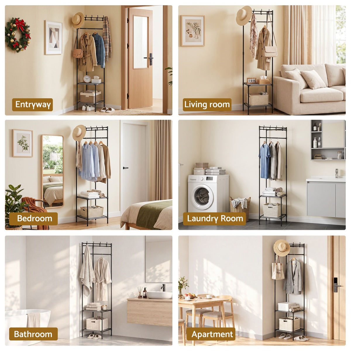 Artiss Coat Rack 181cm Freestanding Corner Hall Tree Garment Organiser Storage Shelf 8 Hooks Black Awezingly