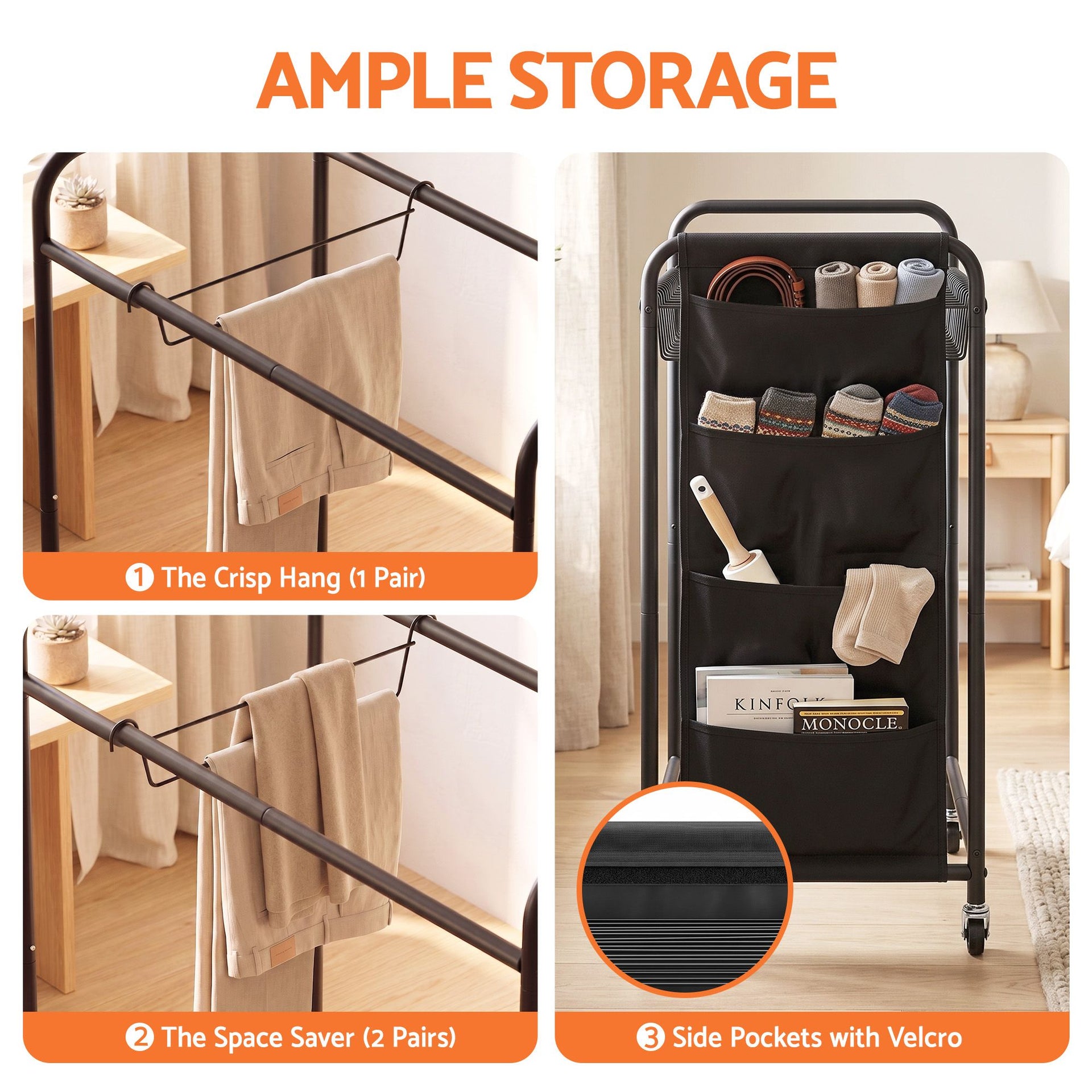 Artiss Pants Trolley Mobile Clothes Rack Clothing Stand with 30 Hangers Wheels Storage Organizer Bag Awezingly