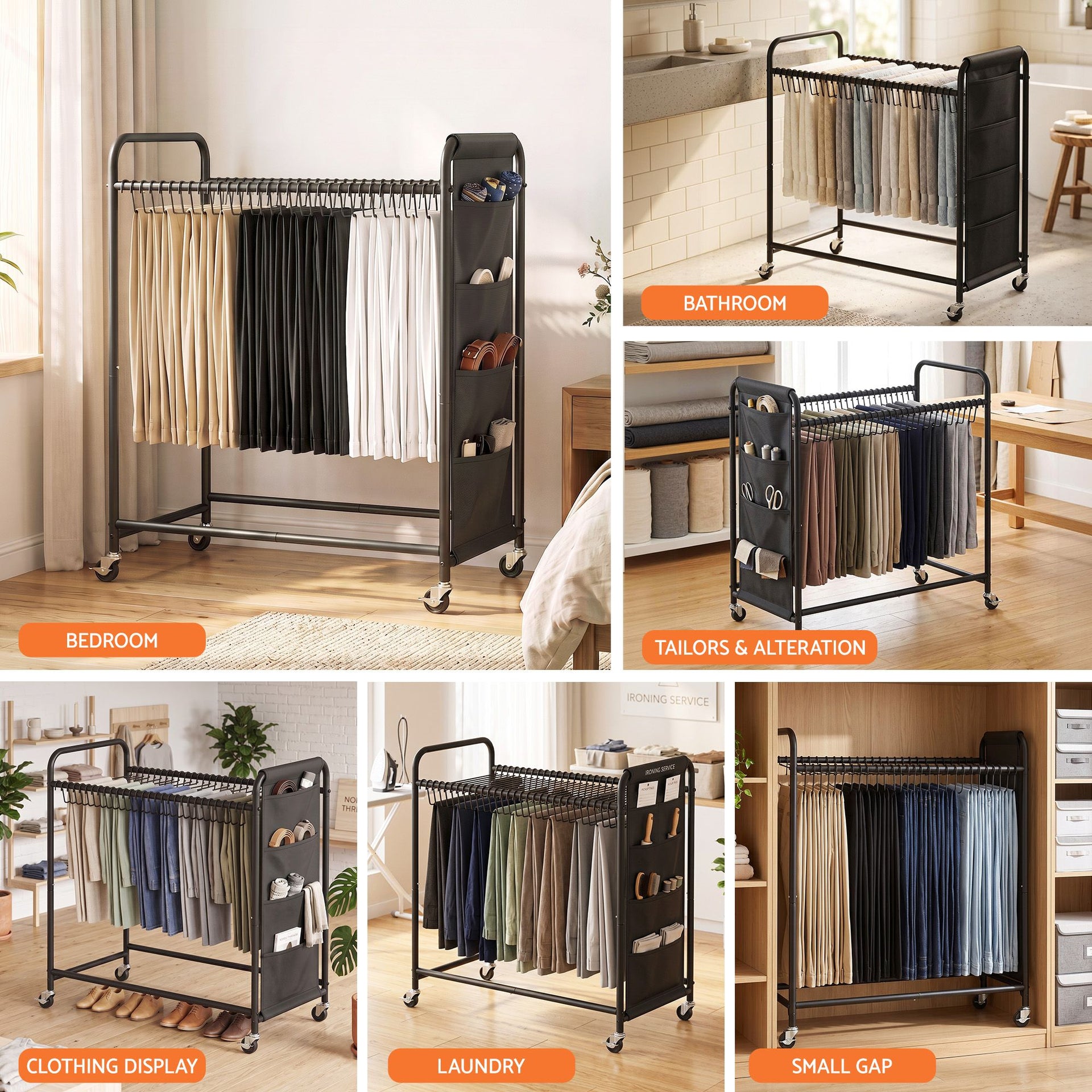 Artiss Pants Trolley Mobile Clothes Rack Clothing Stand with 30 Hangers Wheels Storage Organizer Bag Awezingly