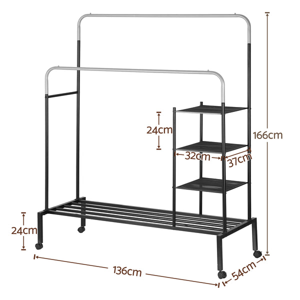 Artiss Clothes Rack Double Rod Airer Rail Coat Stand Hanger Storage Shelf Awezingly