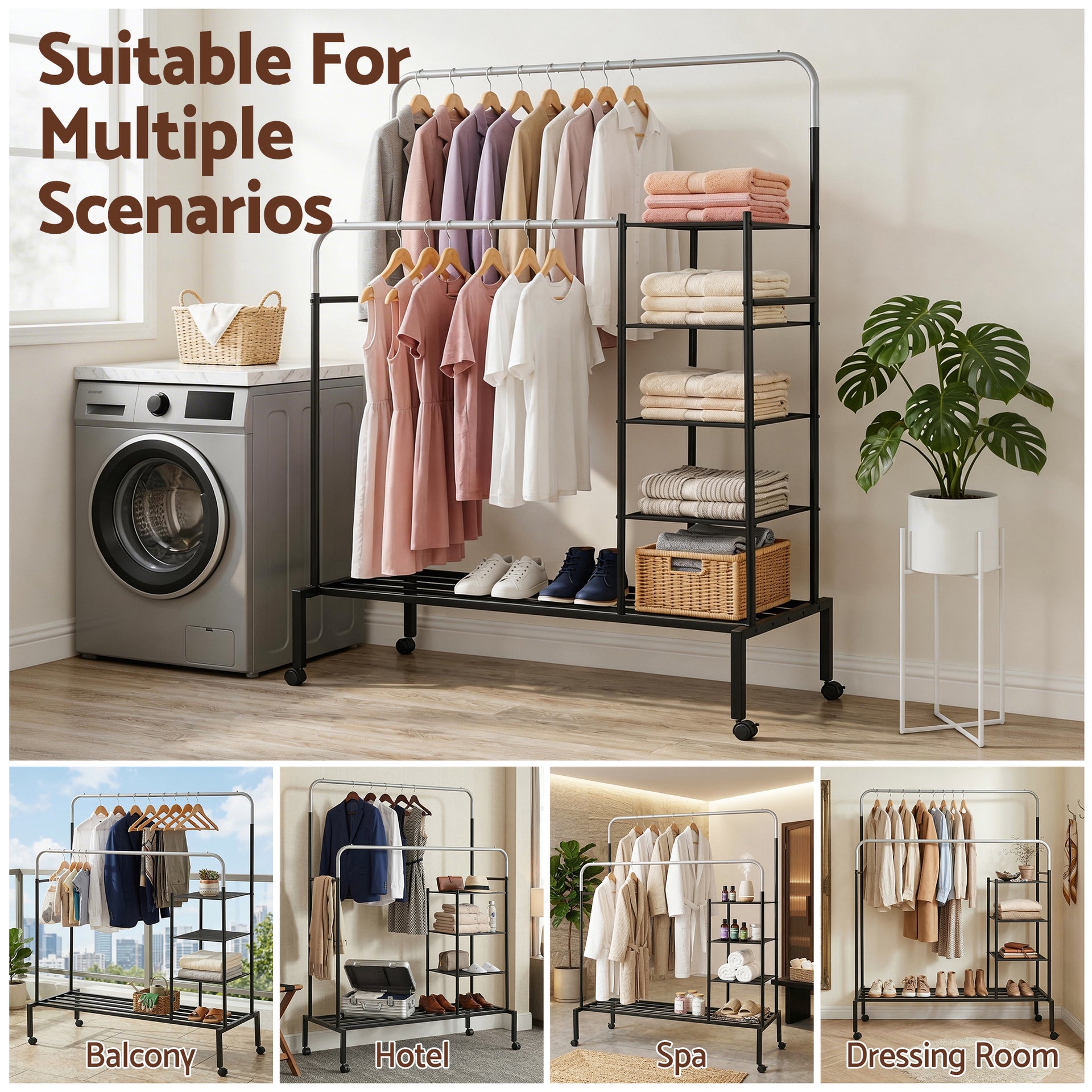 Artiss Clothes Rack Double Rod Airer Rail Coat Stand Hanger Storage Shelf Awezingly