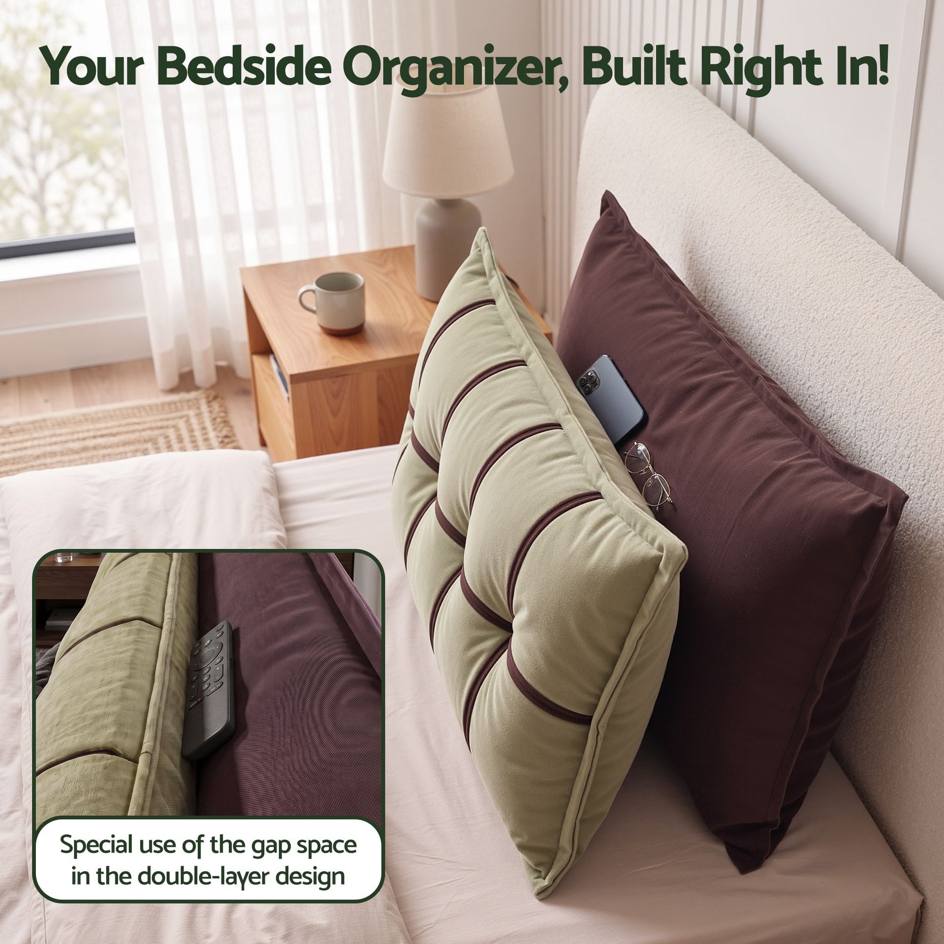 Giselle Bedding Headboard Pillow with Double-Layer Storage Wedge Reading Backrest with Adjustable Filling, Chenille Bed Rest Cushion for Daybed, Dorm, and RV Double Awezingly