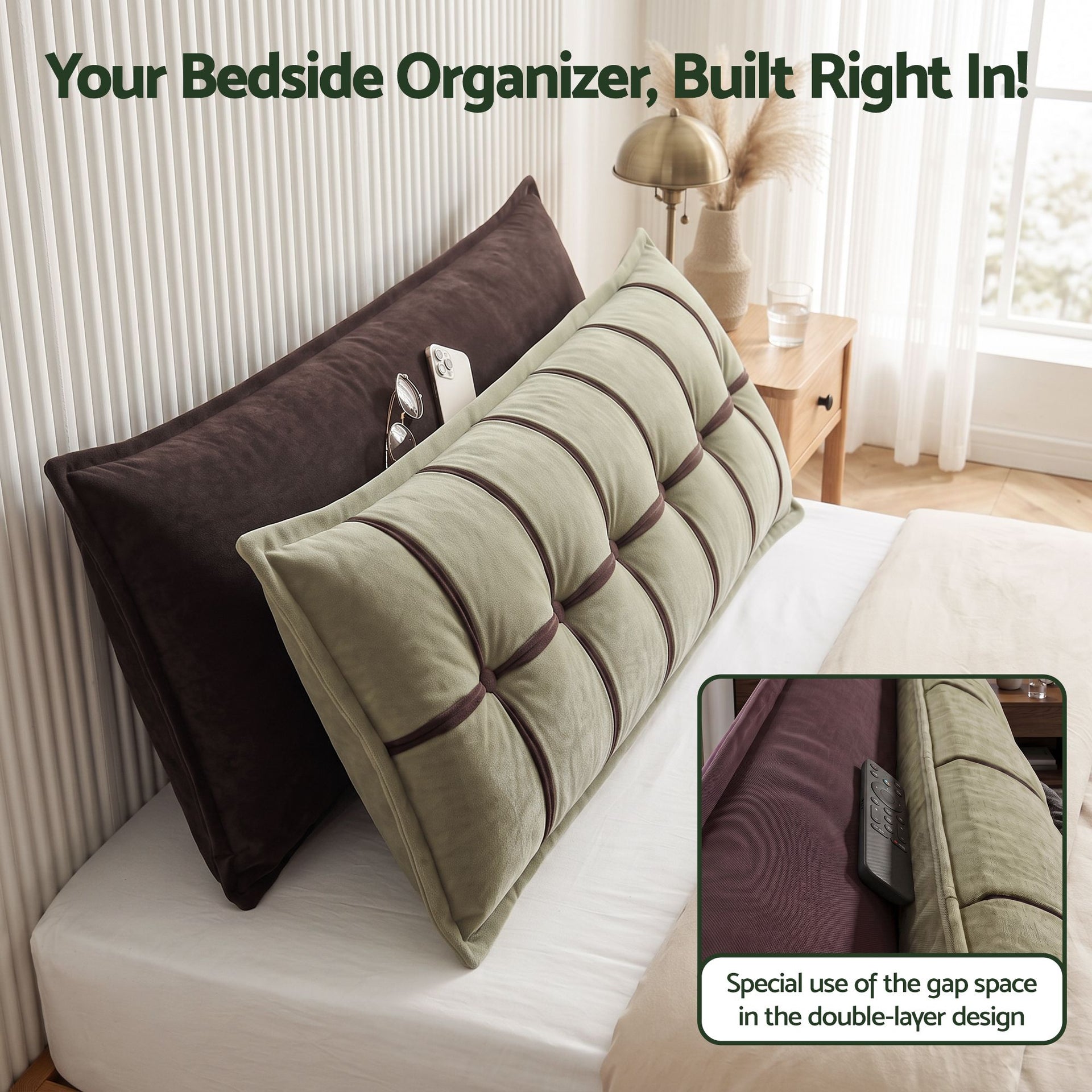 Giselle Bedding Headboard Pillow with Double-Layer Storage Wedge Reading Backrest with Adjustable Filling, Chenille Bed Rest Cushion for Daybed, Dorm, and RV King Awezingly