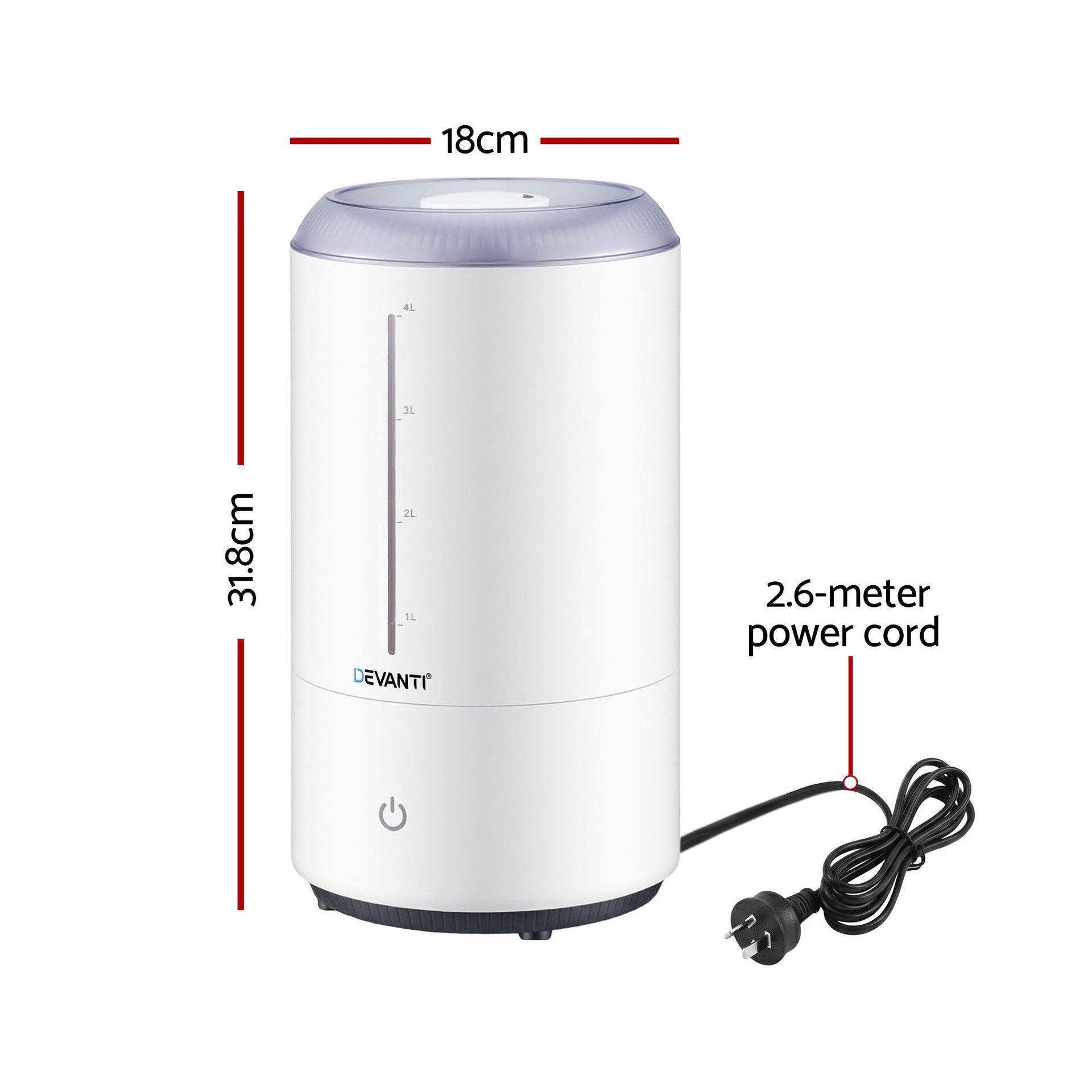 Devanti Ultrasonic Humidifier Aroma Diffuser Top Fill Quiet Bedroom 4L White Devanti