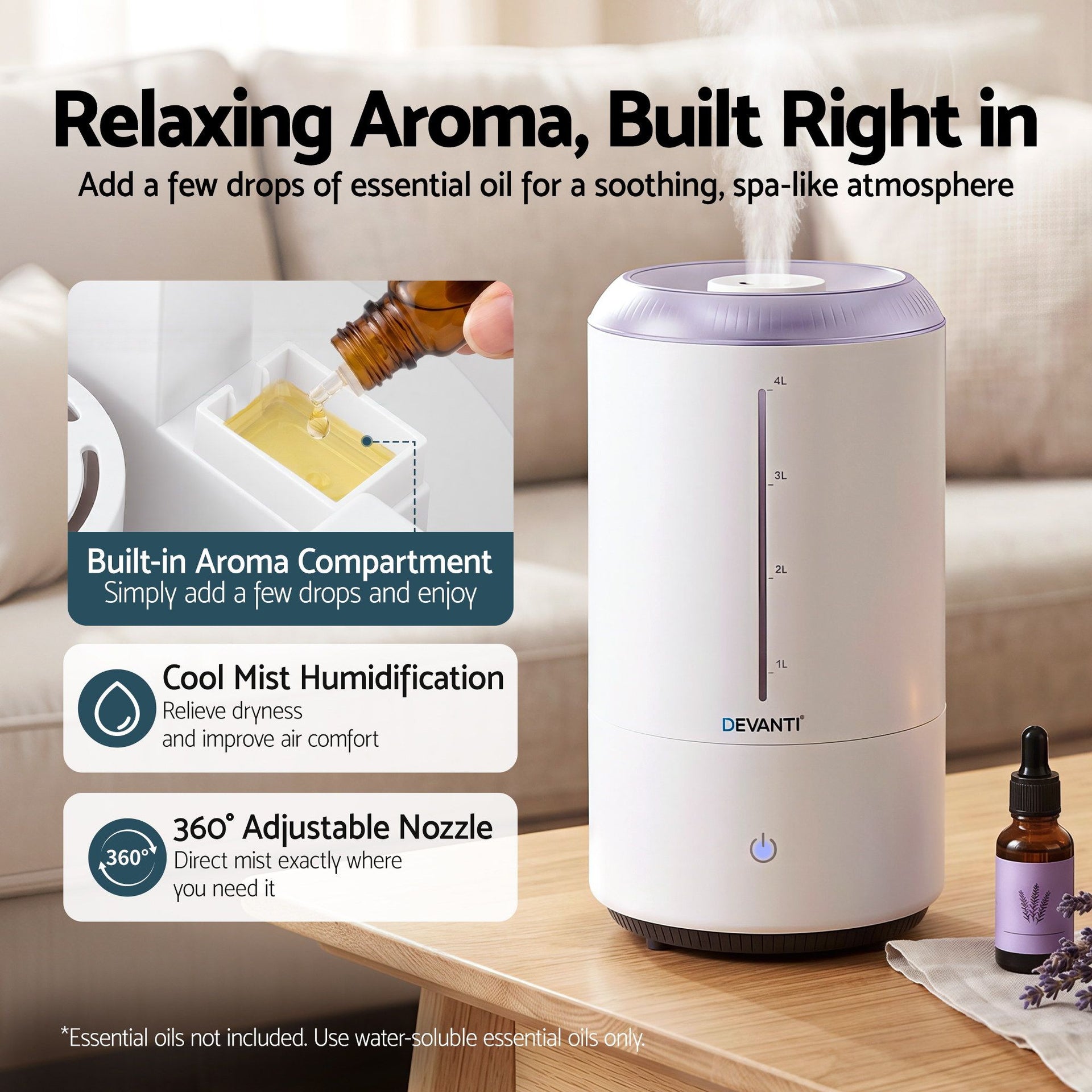 Devanti Ultrasonic Humidifier Aroma Diffuser Top Fill Quiet Bedroom 4L White Devanti