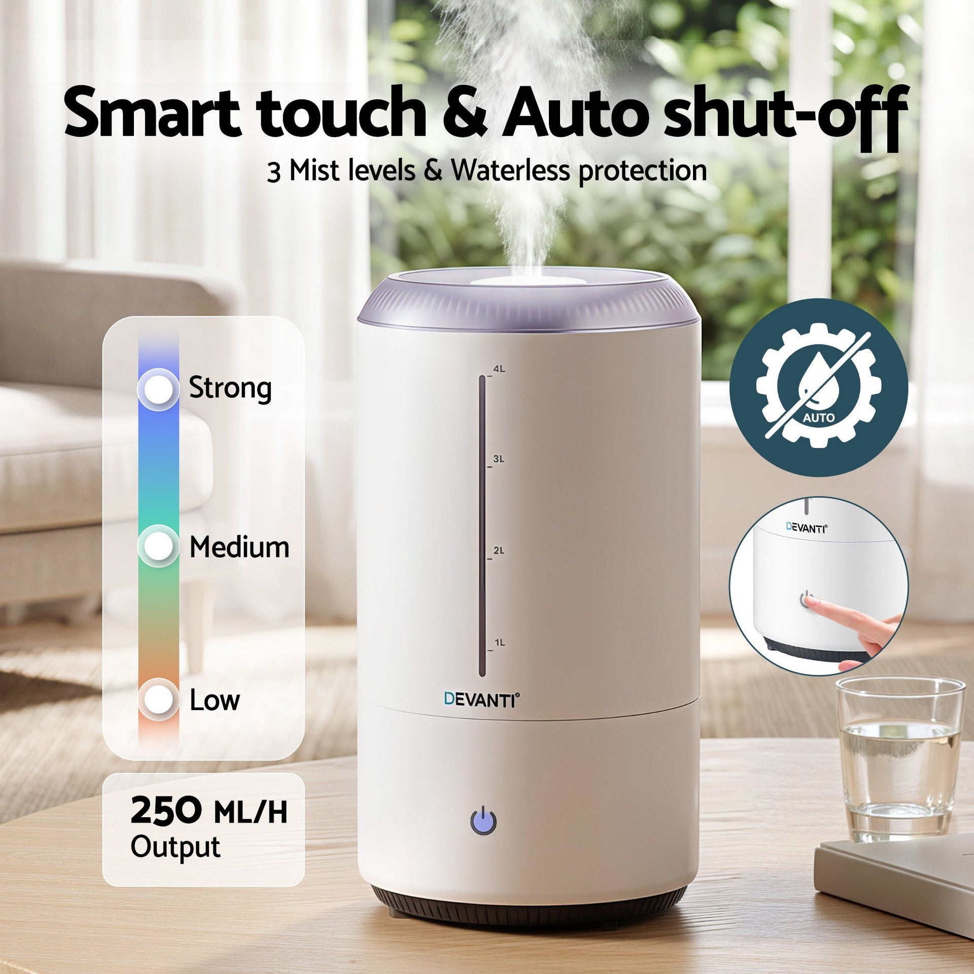 Devanti Ultrasonic Humidifier Aroma Diffuser Top Fill Quiet Bedroom 4L White Devanti