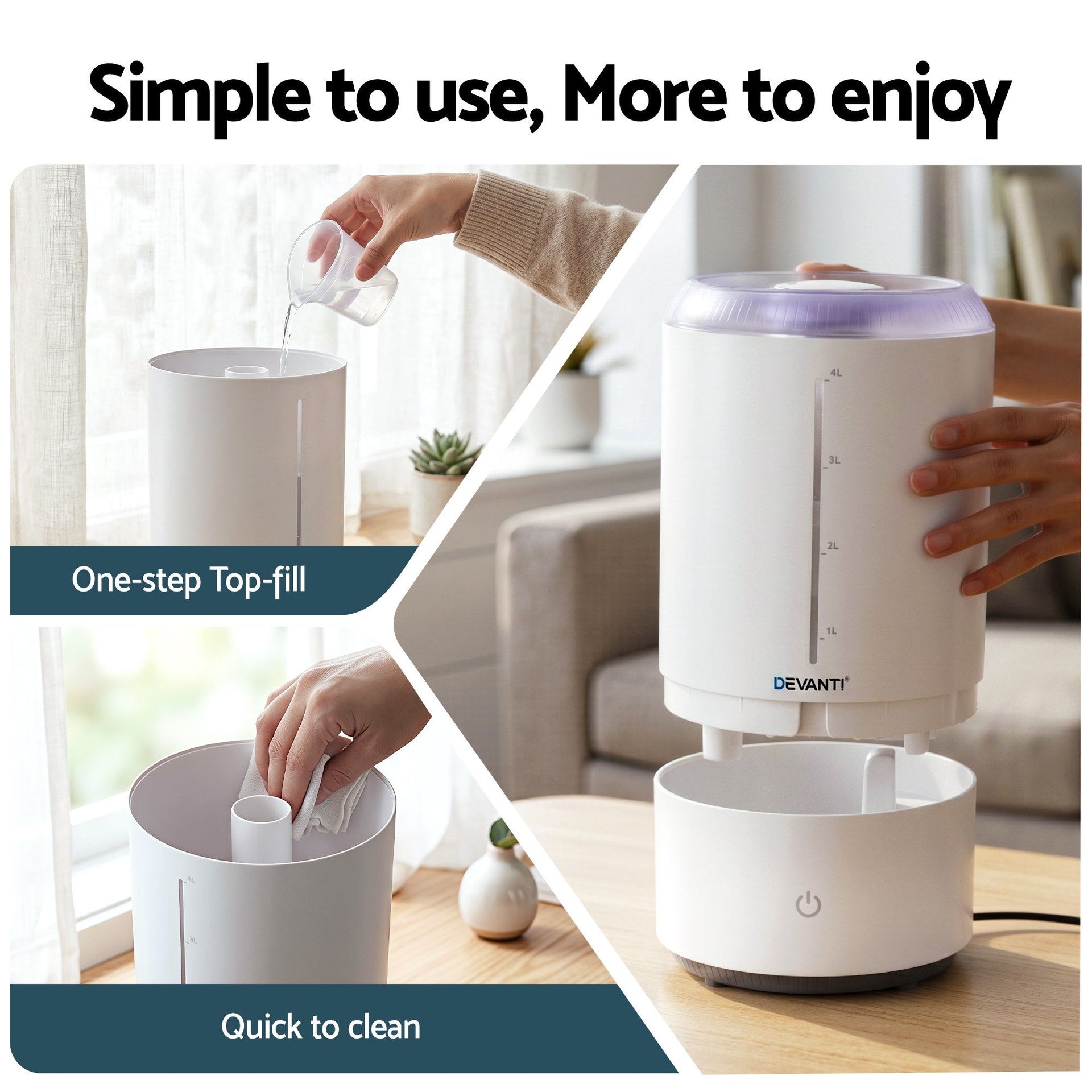 Devanti Ultrasonic Humidifier Aroma Diffuser Top Fill Quiet Bedroom 4L White Devanti