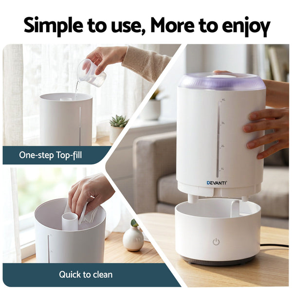 Devanti Ultrasonic Humidifier Aroma Diffuser Top Fill Quiet Bedroom 4L White Devanti