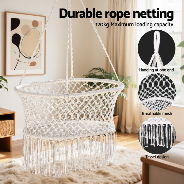 Gardeon Hammock Chair Cotton Swing Chair Outdoor Indoor Cream Awezingly