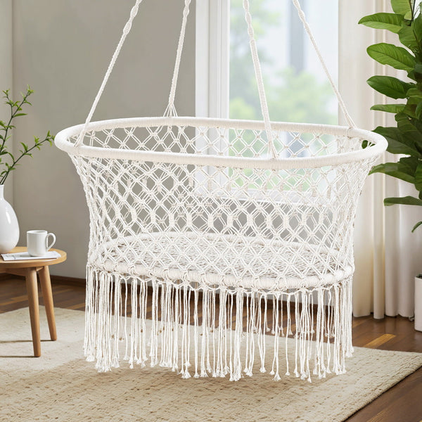 Gardeon Hammock Chair Cotton Swing Chair Outdoor Indoor Cream Awezingly