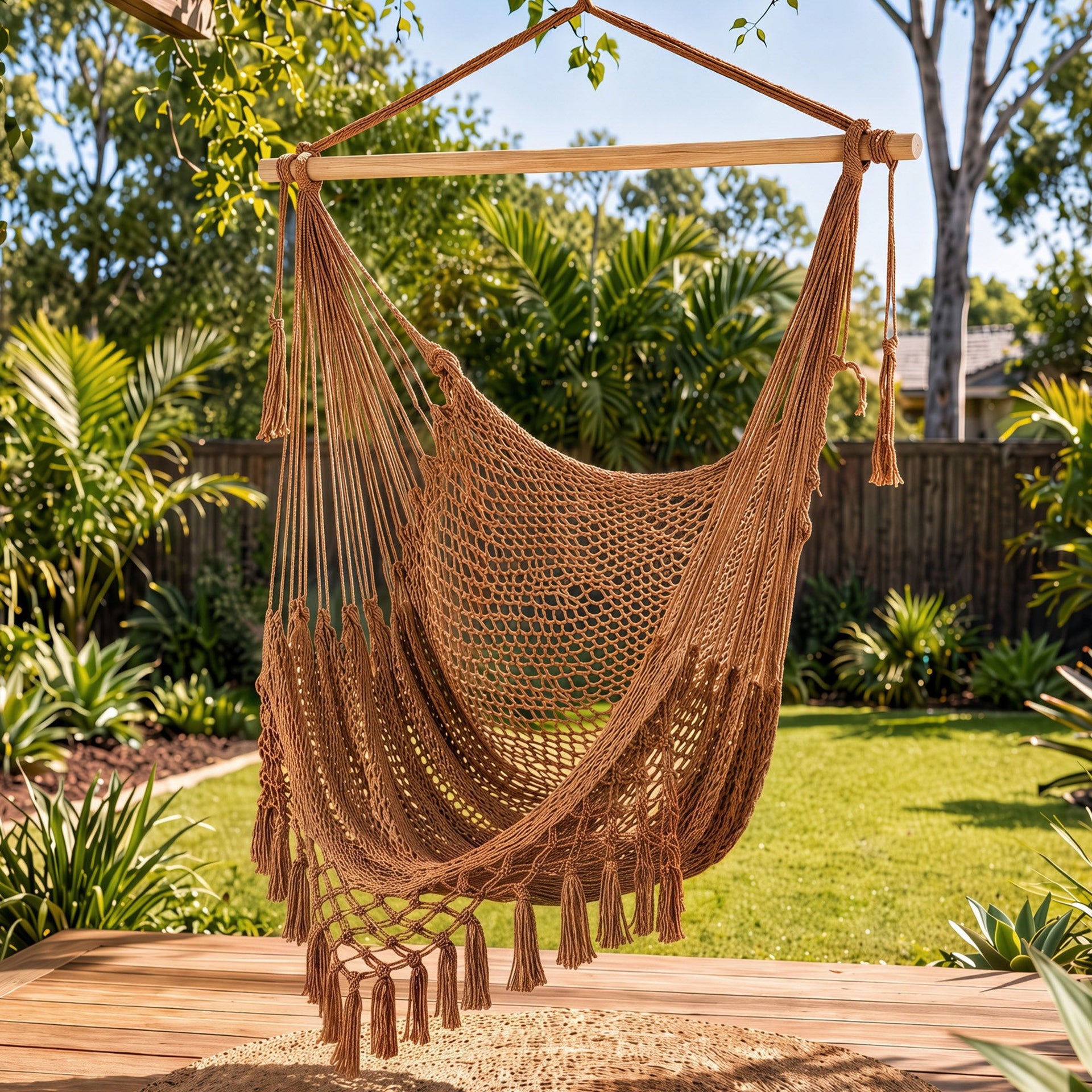 Gardeon Hammock Chair Camping Hanging Chair with Spreader Bar Tassels Brown Awezingly