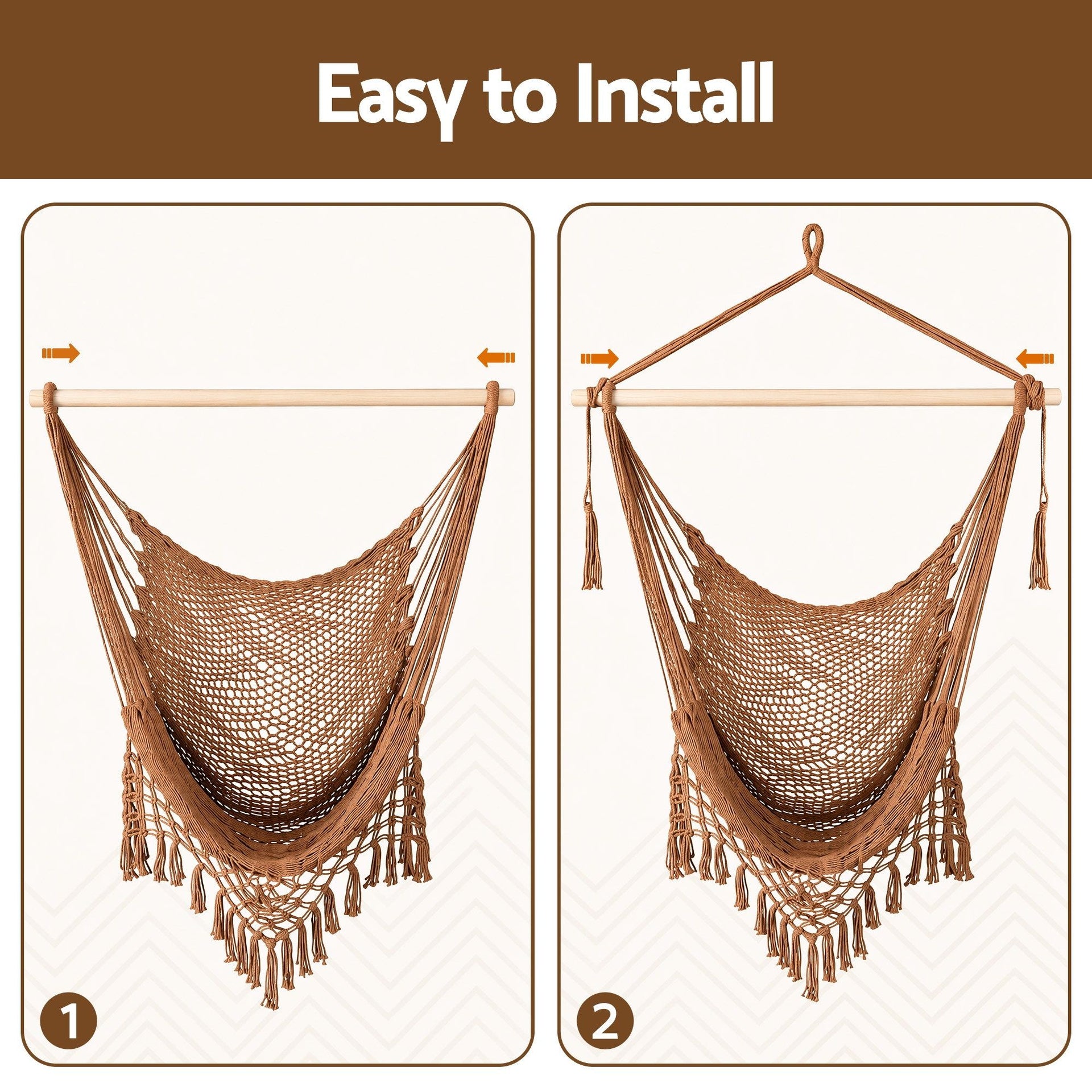 Gardeon Hammock Chair Camping Hanging Chair with Spreader Bar Tassels Brown Awezingly